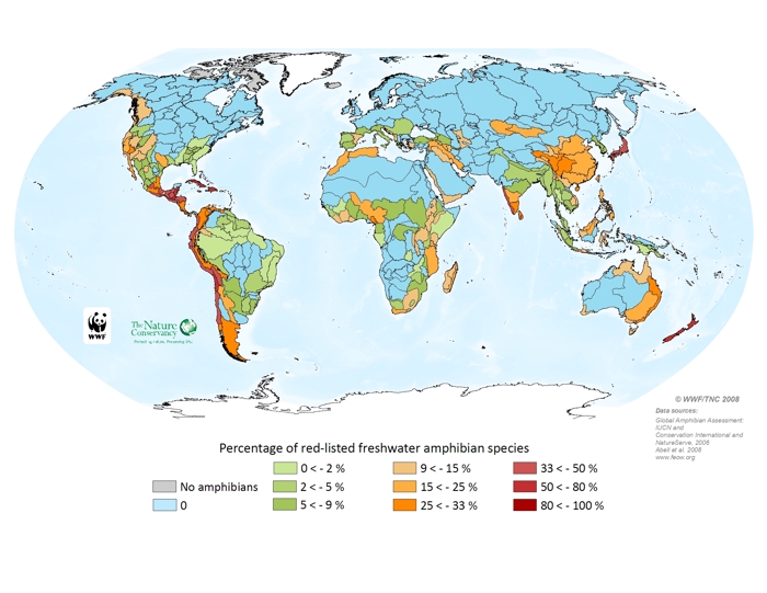 Percentage of threatened freshwater amphibians