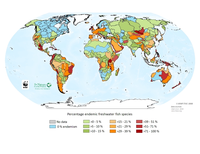 Percentage endemic freshwater fish species