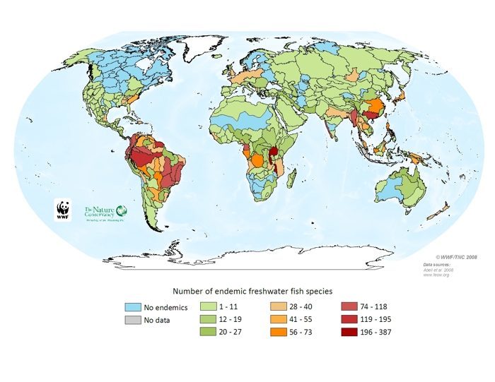 Number of endemic freshwater fish species