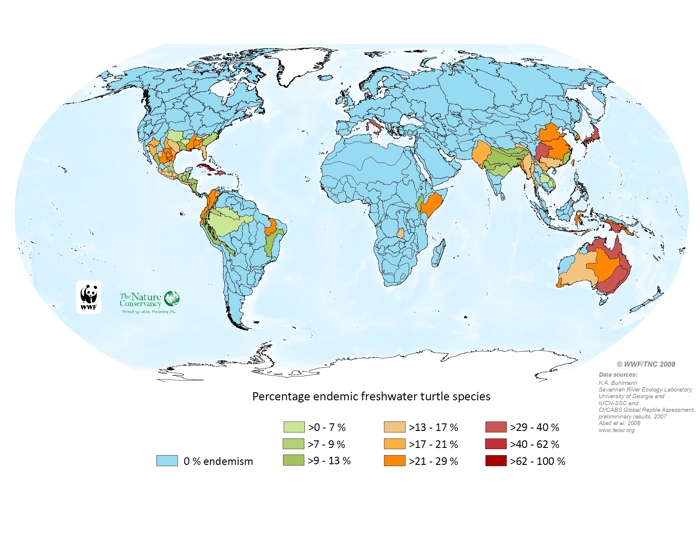 Percentage endemic freshwater turtle species